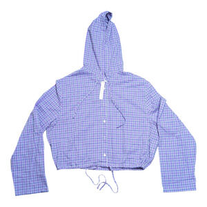 Olrain - Women's Crop Style Hooded-Plaid Purple Long Sleeve Shirt - Size Large